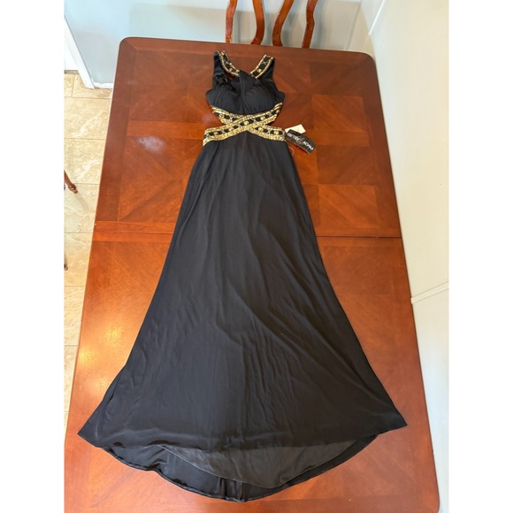 Betsy & Adam Black Gold Sequin Cutout Evening Gown Dress Women's Size 4 - Picture 1 of 16